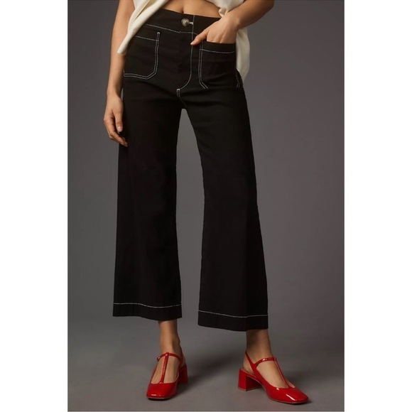 NWT Anthropologie Maeve Colette Linen Wide Leg Pants Black Contrast Stitch 24 - Picture 1 of 14